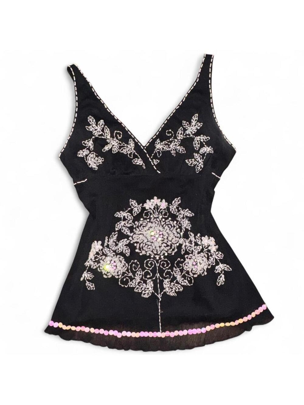 Y2K Black Embroidered Sequin Floral Babydoll Top